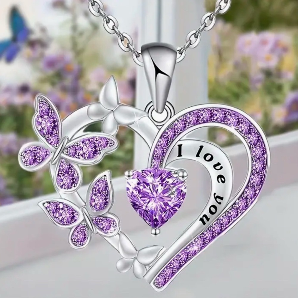 Necklace Elegant Purple Rhinestone Butterfly Heart Shaped I Love You